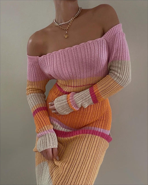 Long Contrast Color Off Neck Off The Shoulder Hollow Out Cutout Out Beach Long Sleeve Knitted Striped Dress Women-Orange Pink Stripes-Fancey Boutique