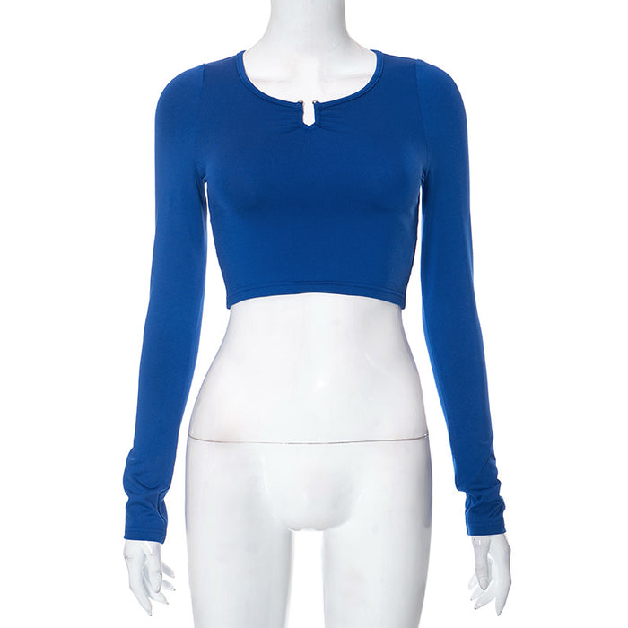 Color-Blue-Women Clothing Autumn Solid Color Base Long Sleeve round Neck T shirt Short Top-Fancey Boutique