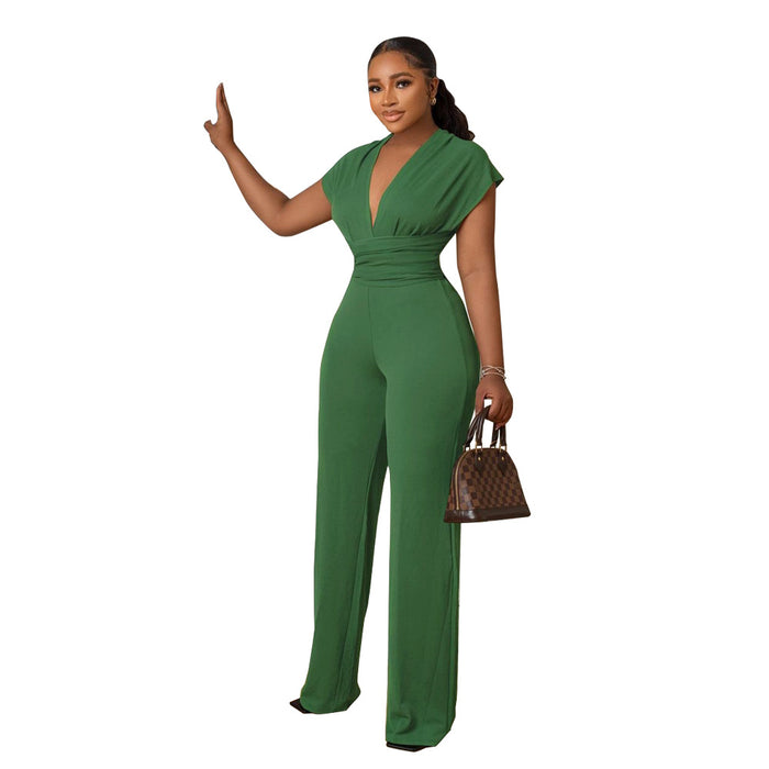 Color-Green-Low Cut Solid Color Waist Tight Women Jumpsuit-Fancey Boutique