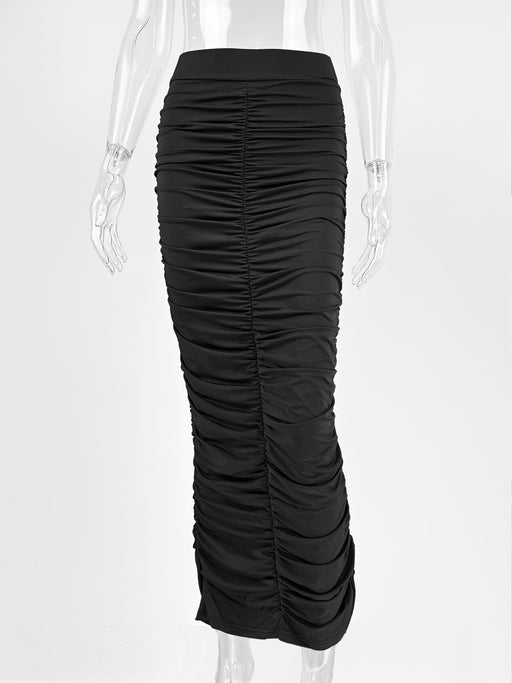 Spring Summer High Waist Ruched Skirt Sexy Tight Back Slit Midi Skirt-Black-Fancey Boutique