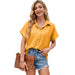 Color-Orange-Women V Neck Button Down Shirt Solid Color Bubble Wrinkle Loose Short Sleeve Shirt Top-Fancey Boutique