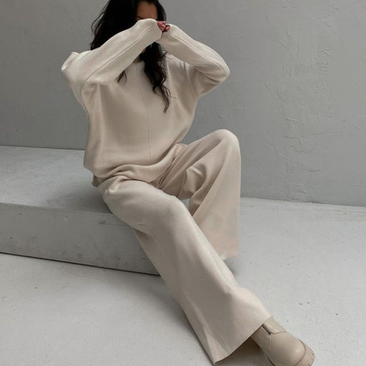 Color-Beige suit-Autumn Winter Russian Long Sleeve Loose Casual Sweater Knitted Top Trousers Set-Fancey Boutique