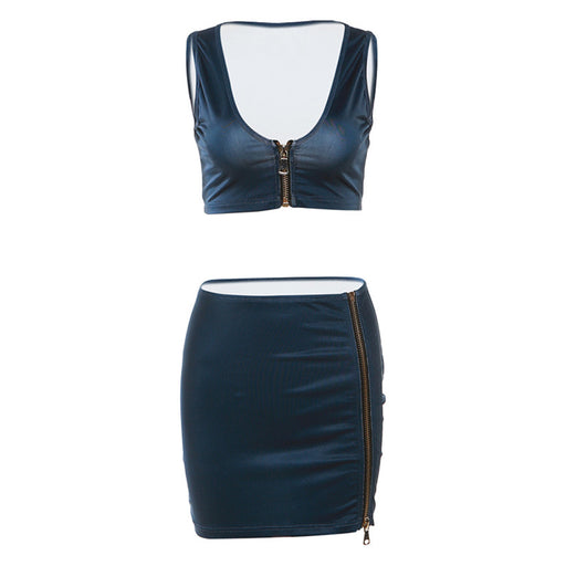Color-Blue-Autumn Winter Women Clothing Fashionmonger Sexy Low Cut Vest Solid Color Sheath Zipper Skirt Outfit-Fancey Boutique