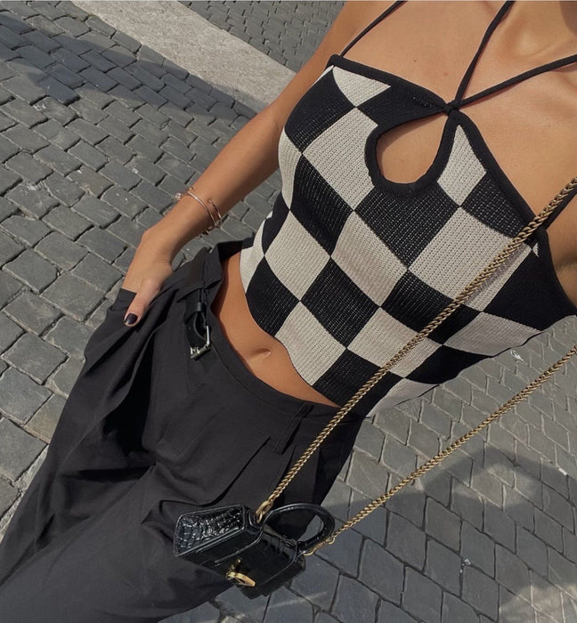 Color-Black-Retro Black White Plaid Sexy Lace up Halterneck Vest Summer Sexy Hollow Out Cutout Knitted Sling Top-Fancey Boutique