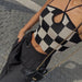 Color-Black-Retro Black White Plaid Sexy Lace up Halterneck Vest Summer Sexy Hollow Out Cutout Knitted Sling Top-Fancey Boutique