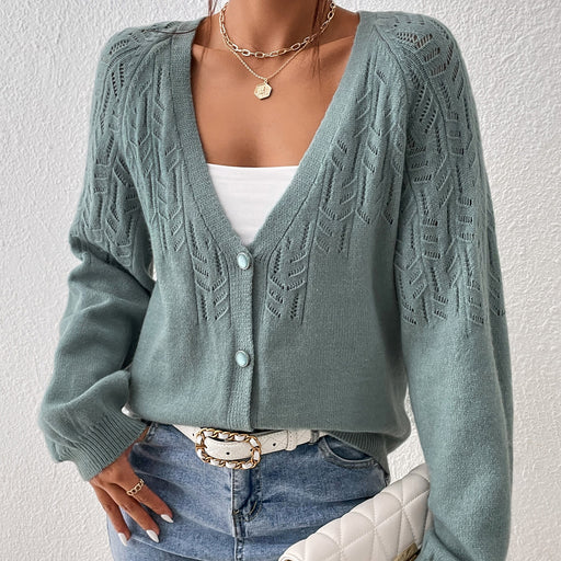 Color-Green-Geometric Abstract Pattern V Neck Cardigan Knitted Single Breasted Solid Color Sweater Women Long Sleeve Short Cardigan-Fancey Boutique