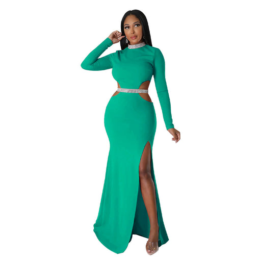 Color-Green-Autumn Women Sexy Open Waist Split Dress Solid Color-Fancey Boutique