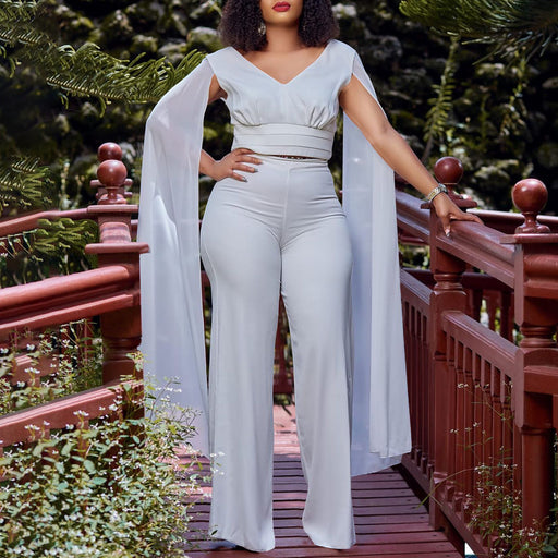 Color-White-Women Clothing Office V Neck Top Wide Leg Pants Two Piece Set Africa Suit-Fancey Boutique
