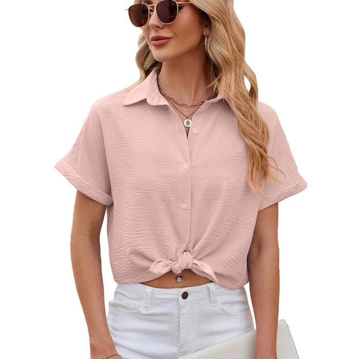 Color-Pink-Spring Summer Solid Color Polo Collar Short Sleeved Shirt Button Loose Chiffon Shirt-Fancey Boutique