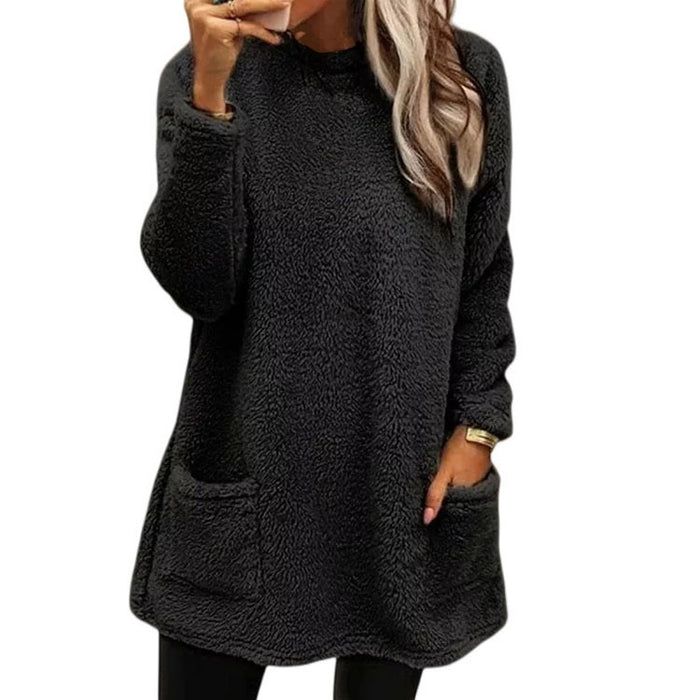 Color-Black-Women Clothing Autumn Winter Long Sleeve Round Neck Pullover Casual Loose Fleece Sweatshirt Pocket-Fancey Boutique