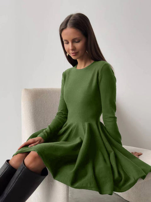 Round Neck Waist Trimming Knitted Dress Women All Match Advanced Pleated Woolen-Green-Fancey Boutique