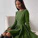 Round Neck Waist Trimming Knitted Dress Women All Match Advanced Pleated Woolen-Green-Fancey Boutique