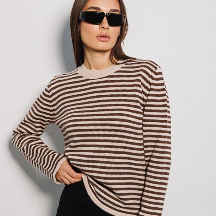 Striped Sweater Autumn Trendy Thread Contrast Color round Neck Knitted Striped Sweater-Fancey Boutique