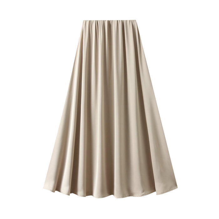 Color-Apricot-Summer French High Waist Slimming Acetate Satin Drape Mid Length A Line Skirt-Fancey Boutique