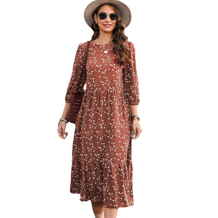 Color-Brown-Sweet Floral Spring Three Quarter Sleeve Contrast Color round Neck Midi Dress-Fancey Boutique