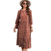 Color-Brown-Sweet Floral Spring Three Quarter Sleeve Contrast Color round Neck Midi Dress-Fancey Boutique