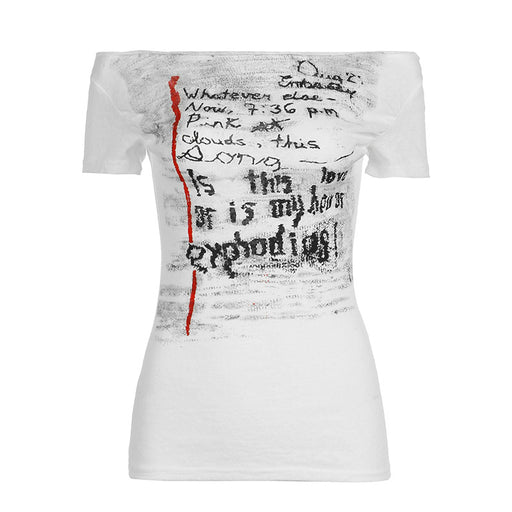 Street Gothic Blooming Graffiti Printing off Shoulder Shoulder Baring Waist Trimming Knitted Top Retro Minority Bottoming Shirt-White-Fancey Boutique