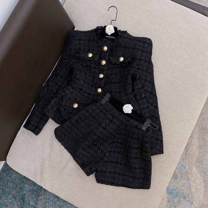 Color-Black-Autumn Winter Chanel-Style White Shiner Tweed Coat Jacket Shorts Suit Two-Piece Set-Fancey Boutique