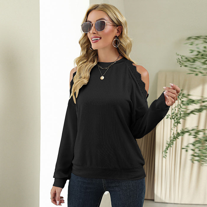 Color-Black-Fall Winter Lace Stitching Sexy off-Shoulder Casual T Sweatshirt-Fancey Boutique