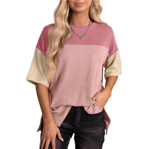 Spring Summer round Neck Wave Jacquard Color Matching Short Sleeve Loose T shirt Women-Pink-Fancey Boutique