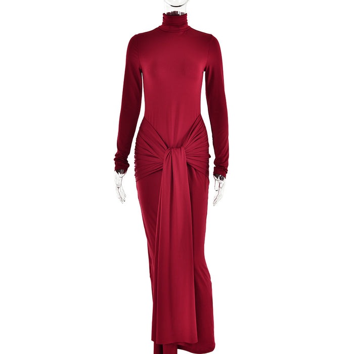 Color-Red-Autumn Half High Collar Long Sleeves Dress Women Sexy Tight Dress-Fancey Boutique