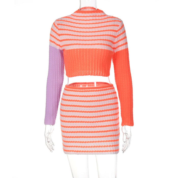 Color-Orange-Women Clothing Autumn Long Sleeve Striped Sweater Dress Two Piece Set Casual Set-Fancey Boutique