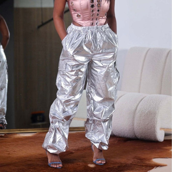 Color-Silver-Metallic Coated Fabric Women Casual Pants Solid Color Three Dimensional Pocket Pleated Overalls-Fancey Boutique