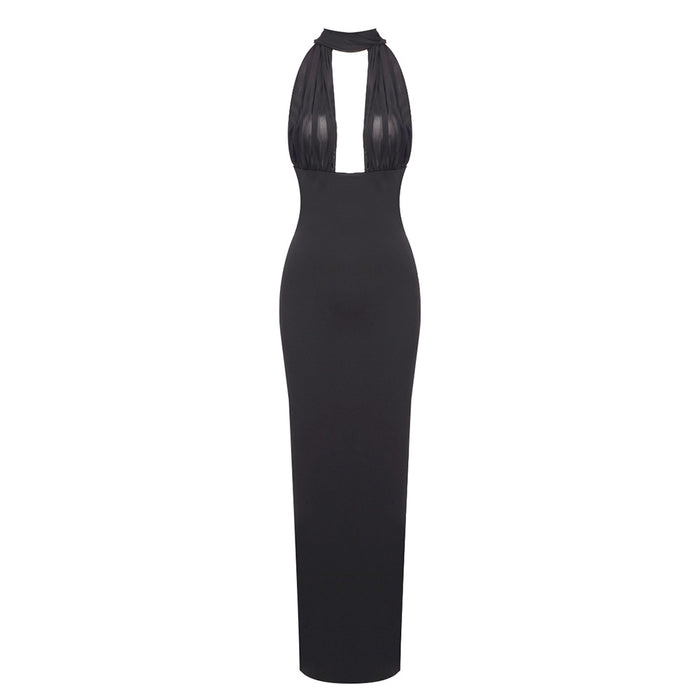 Autumn Elegant Women Black White Slim Halter Maxi Dress One Shoulder Backless Dress-Black-Fancey Boutique