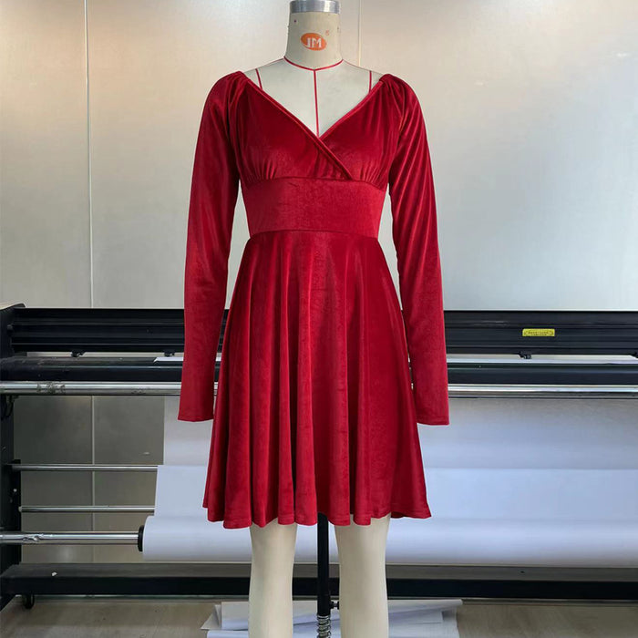 Christmas Dress Autumn Winter Women Clothes V Neck Velvet Sexy Waist Trimming Holiday Dress-Red-Fancey Boutique