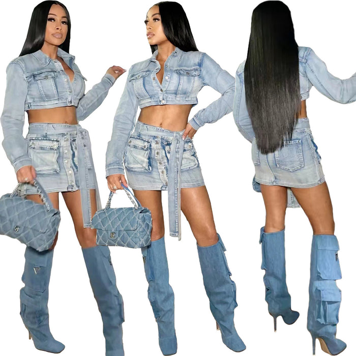 Color-Blue-Women Sexy Washed Denim Lace Up Three Dimensional Pocket Skirt Set-Fancey Boutique