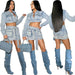 Color-Blue-Women Sexy Washed Denim Lace Up Three Dimensional Pocket Skirt Set-Fancey Boutique