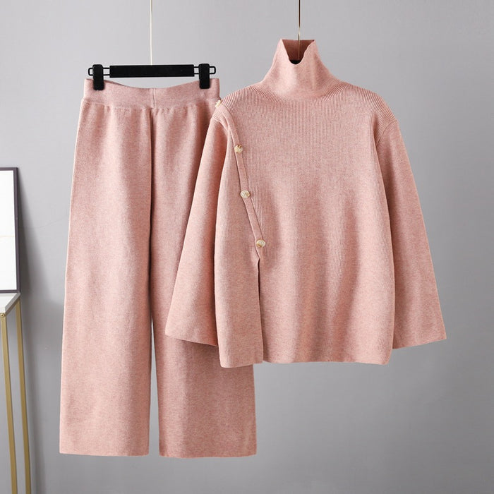 Color-Pink-Niche Stand Collar Slit Knitted Turtleneck Sweater Women Winter Warm Anti-Aging Casual Wide Leg Pants Two Piece Set-Fancey Boutique