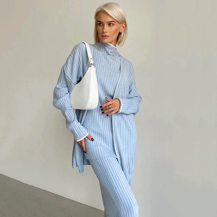 Women Clothing Three Piece Set Solid Color Sweater Cardigan Suit-Light Blue-Fancey Boutique