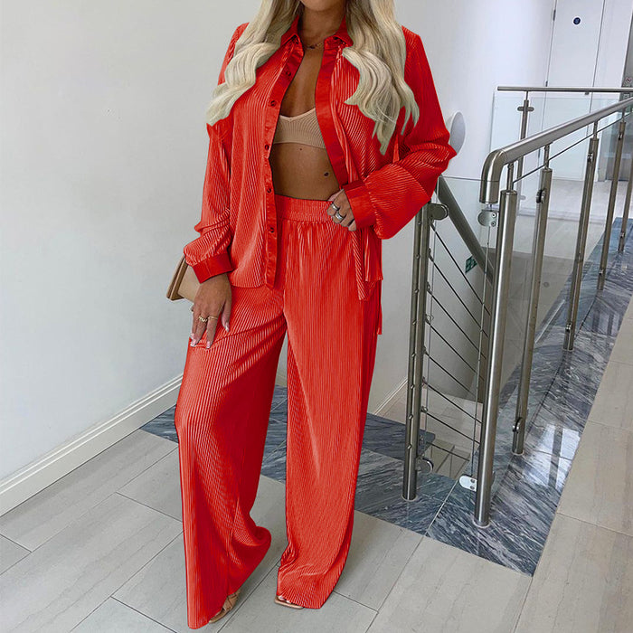 Color-Red-Women Clothing Autumn Winter Long-Sleeved Shirt Pants Loose Casual Pants Two-Piece Suit-Fancey Boutique