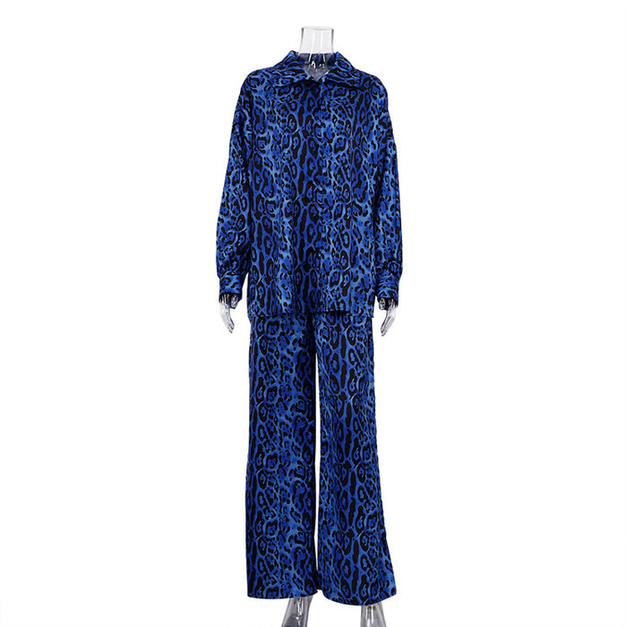 Spring Women Clothes Suit Long Sleeve Leopard Print Loose Two Piece Suit-Blue-Fancey Boutique