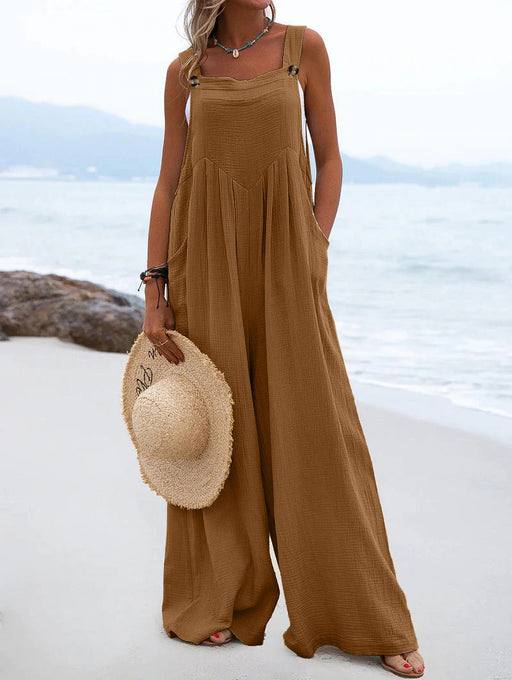 Color-camel-Women Clothing Summer Jumpsuit Ethnic Solid Color Wide Leg Jumpsuit-Fancey Boutique