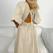 Early Autumn Cotton Solid Color Maxi Dress V neck Half Sleeve Hollow Out Cutout Backless Casual Dress-Fancey Boutique