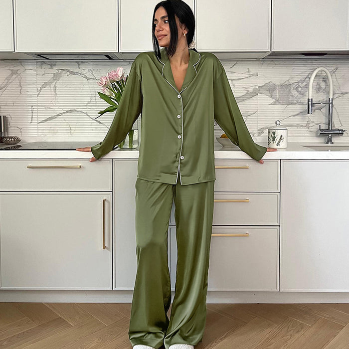 Autumn Satin Long Sleeved Trousers Pajamas Loose Artificial Silk Ladies Homewear-Green-Fancey Boutique