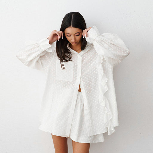 Summer White Pure Cotton Sexy Jacquard Bell Sleeve Casual Elastic Shorts All Matching Set Women-White-Fancey Boutique