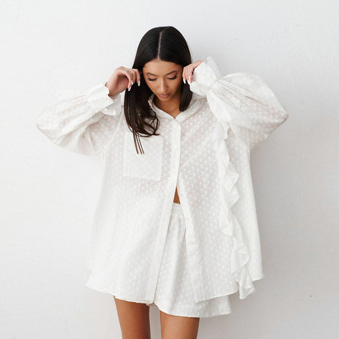 Summer White Pure Cotton Sexy Jacquard Bell Sleeve Casual Elastic Shorts All Matching Set Women-White-Fancey Boutique