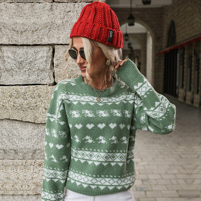 Color-Green-Autumn Winter Women Clothing Trendy round Neck Red Knitted Christmas Snowflake Sweater-Fancey Boutique