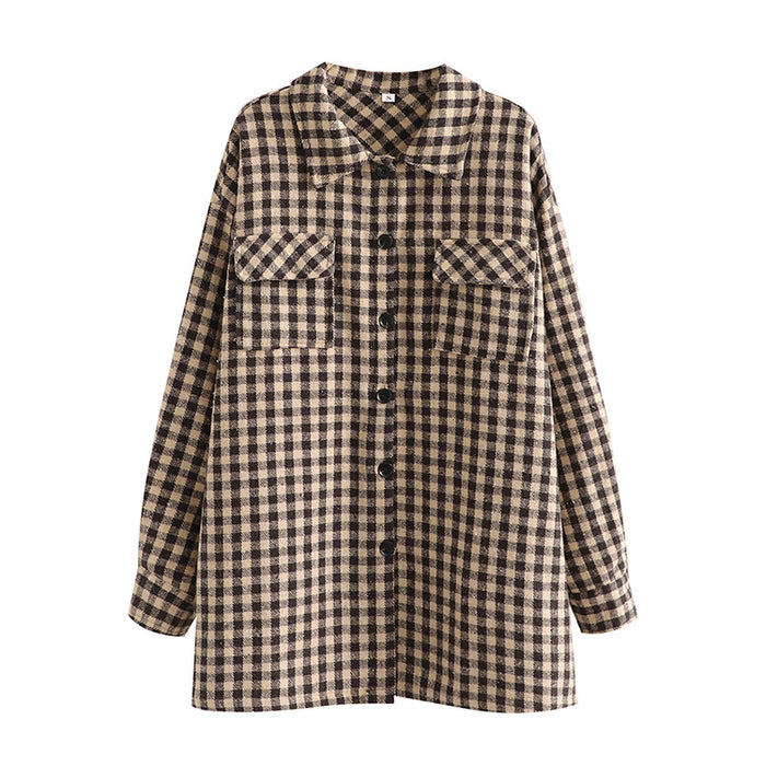 Color-Multi-Spring Fashionable Brushed Collared Pocket Decorative Loose Plaid Coat Shacket-Fancey Boutique