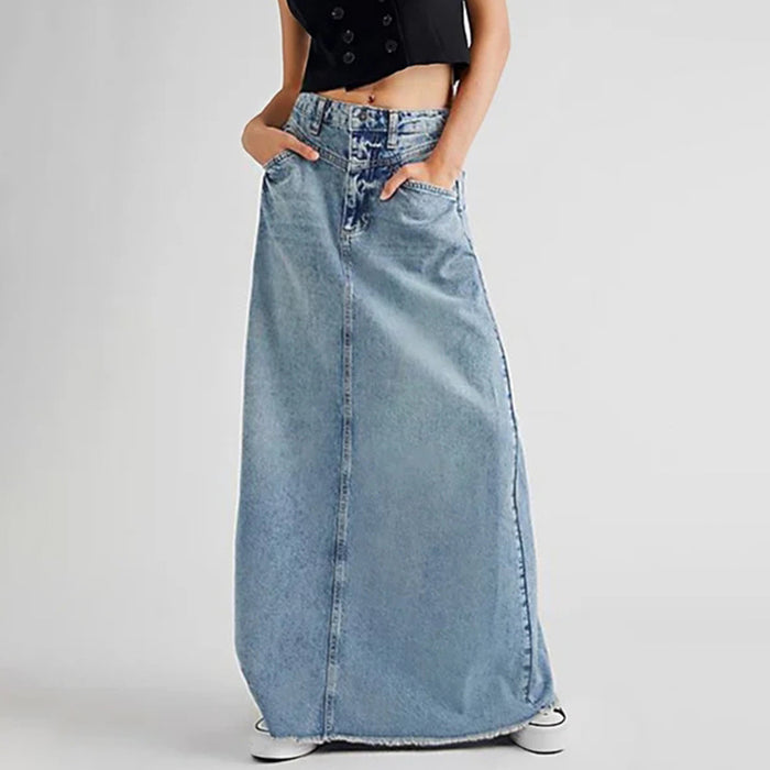 Spring Autumn High Waist All Matching Minimalist A line Skirt Retro Elegant High Sense Denim Skirt-Fancey Boutique