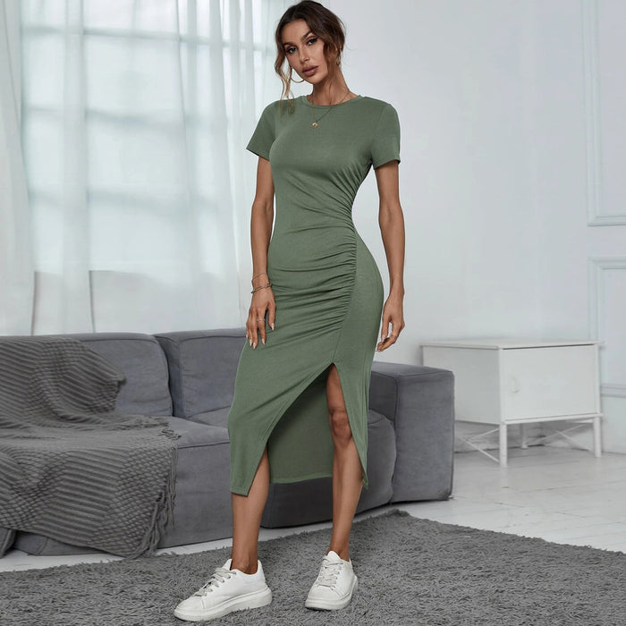Color-Green-Women Clothing Round Neck Cinched Waist Pullover Split Short Sleeve Sheath Dress Midi Dress-Fancey Boutique