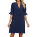Color-Navy Blue-Summer Solid Color V neck Loose Pleated Half Length Sleeve Dress Women-Fancey Boutique