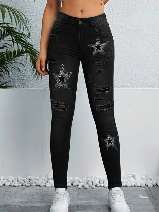 Spring Summer Holes Cut Rotten Contrast Color Printed Denim Skinny Denim Trousers-Black-Fancey Boutique