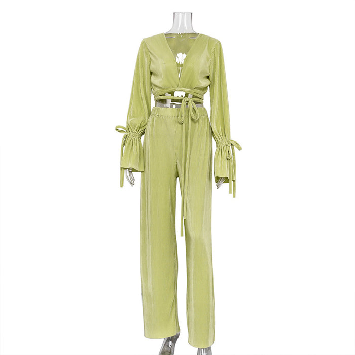 Color-Green-Retro Long Sleeve Pleated Spring Sexy Loose Flare Sleeve Blouse Suit textured-Fancey Boutique