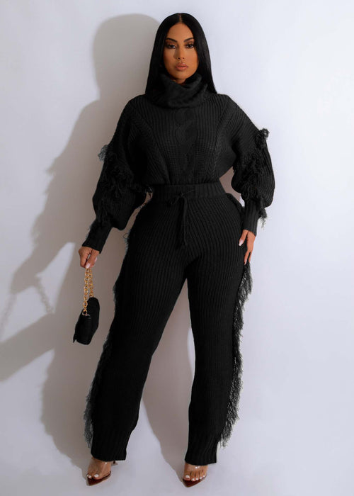 Color-Black-1-Women Clothing Casual Solid Color Knitted Long Sleeve Turtleneck Tassel Suit-Fancey Boutique