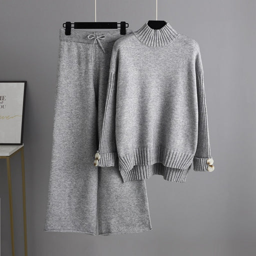 Color-Gray-Autumn Winter Knitting Suit Women Trendy Semi-High Collar Sweater Thickened Outer Wear Loose two piece set-Fancey Boutique