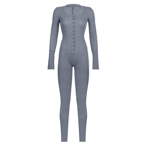 Color-Gray2-Sports Women Clothing Girls Street Solid Color Breasted Waist-Controlled Long Sleeves Knitted Short Romper Jumpsuit-Fancey Boutique